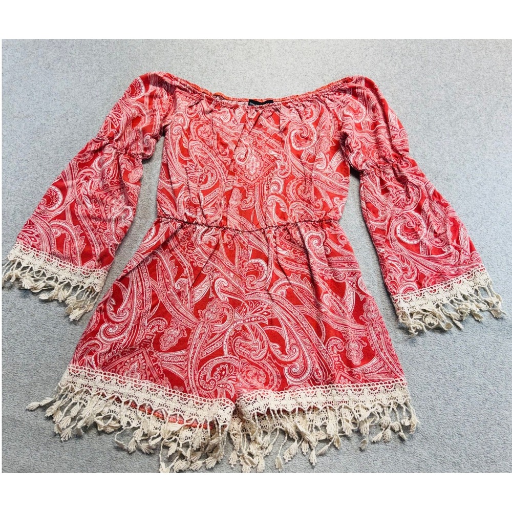 See You Monday Womens L Paisley Romper Red Boho Off Shoulder Fringe Bell Sleeve